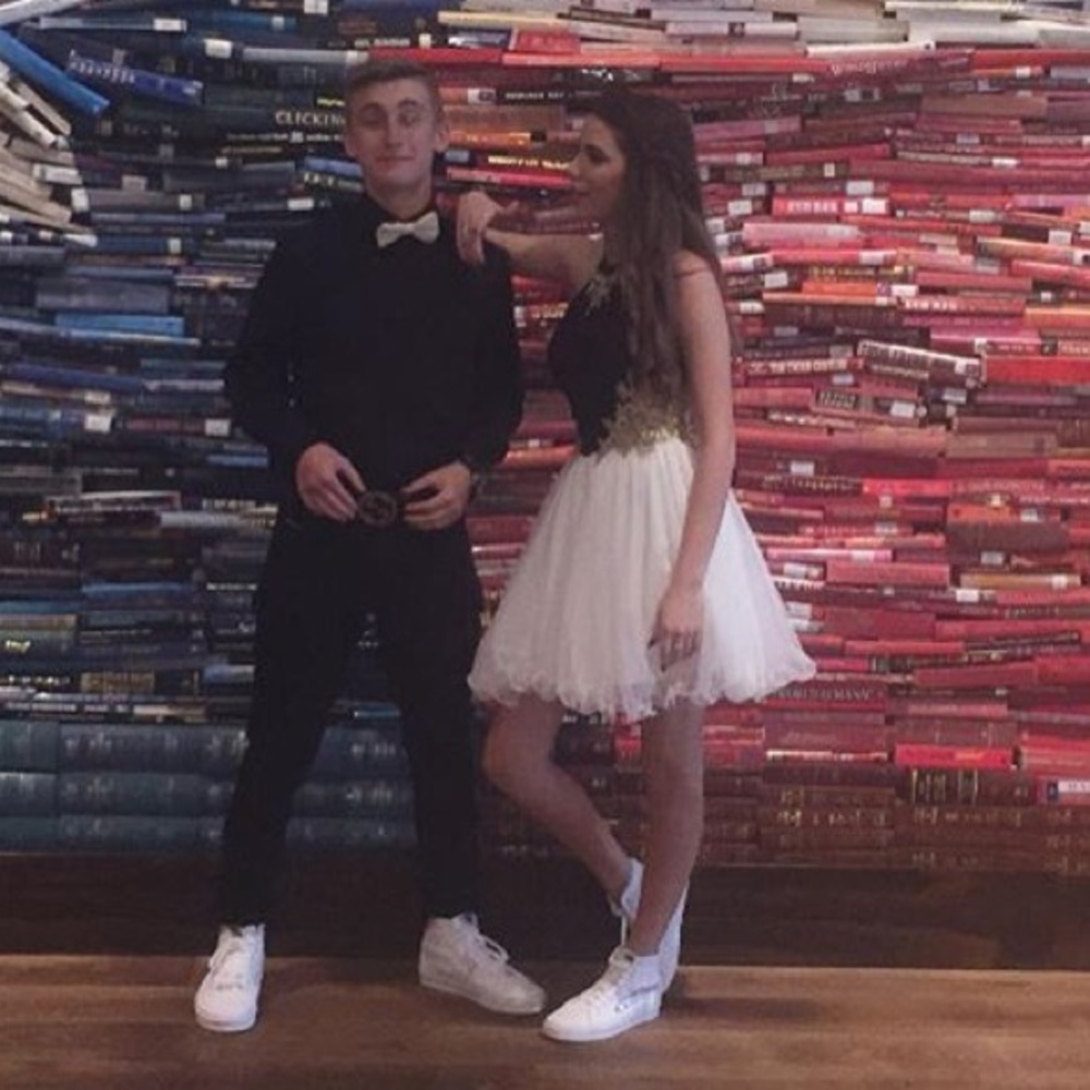Black, white, and gold homecoming dress